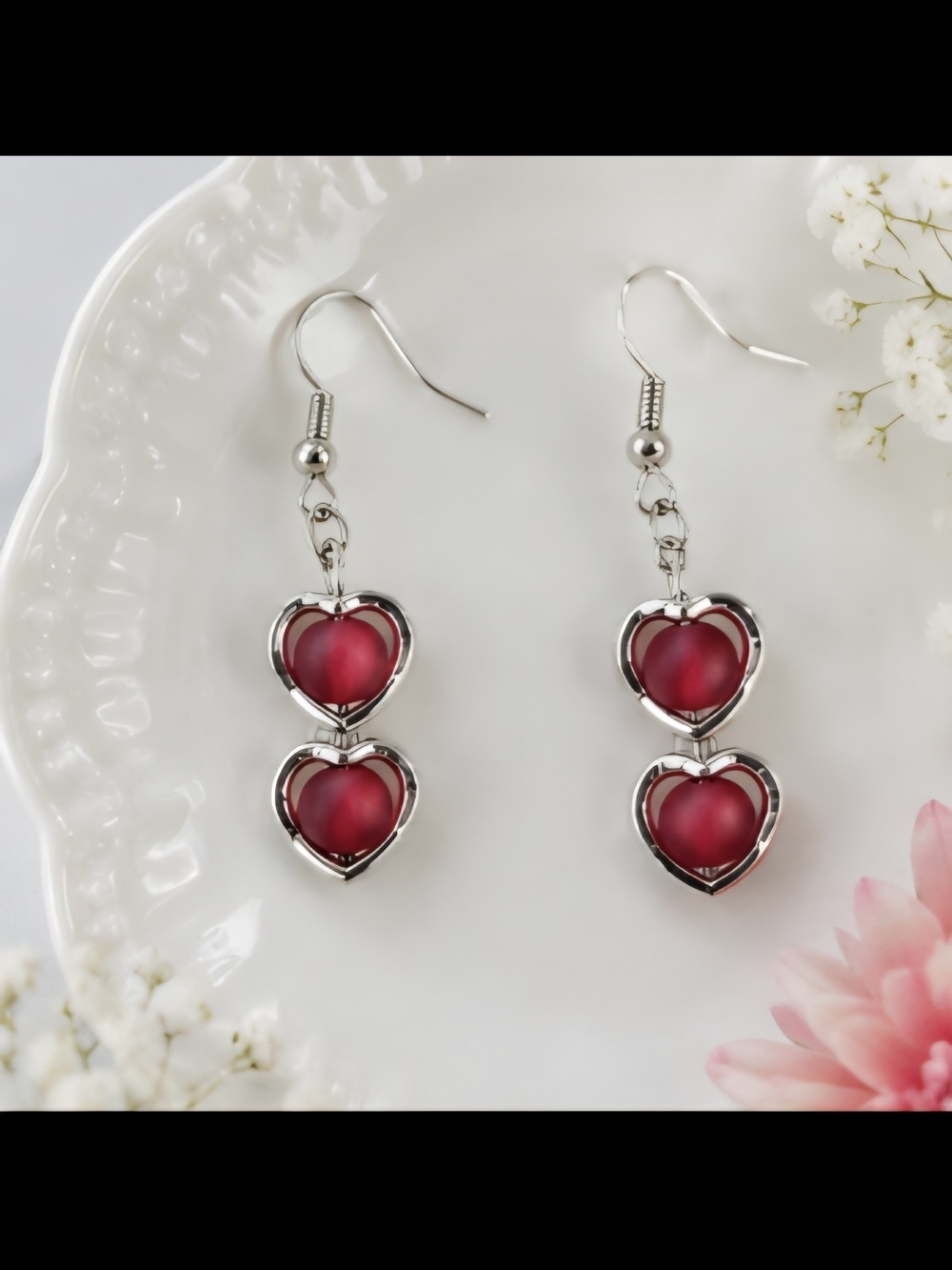 Double Heart Drop Earrings in Red and Silver